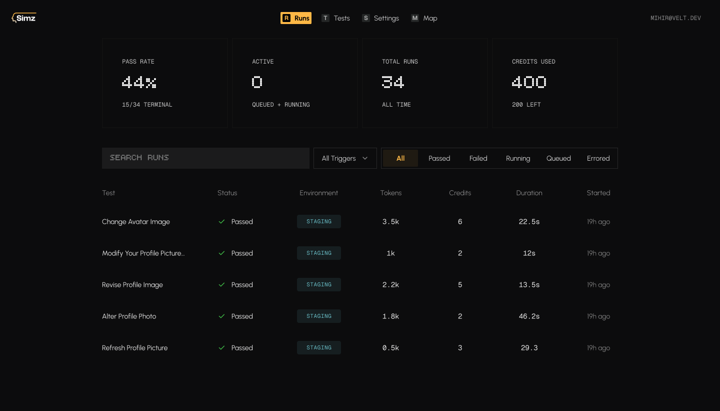 Simz QA Testing Platform screenshot